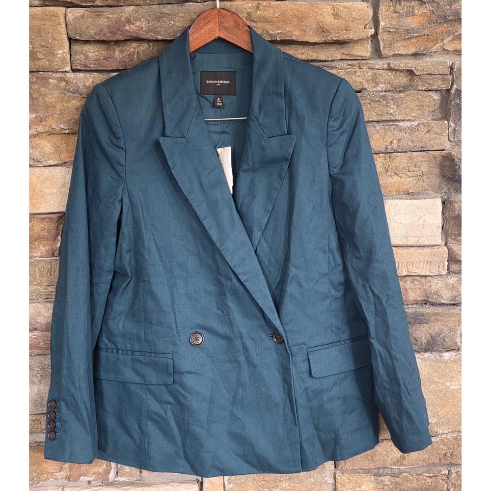 Preppy Boyfriend cut Banana Republic Teal Linen Blend Double Breasted Blazer 6